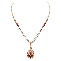 Red Enamel and Diamond Pear Shaped Pendant Necklace