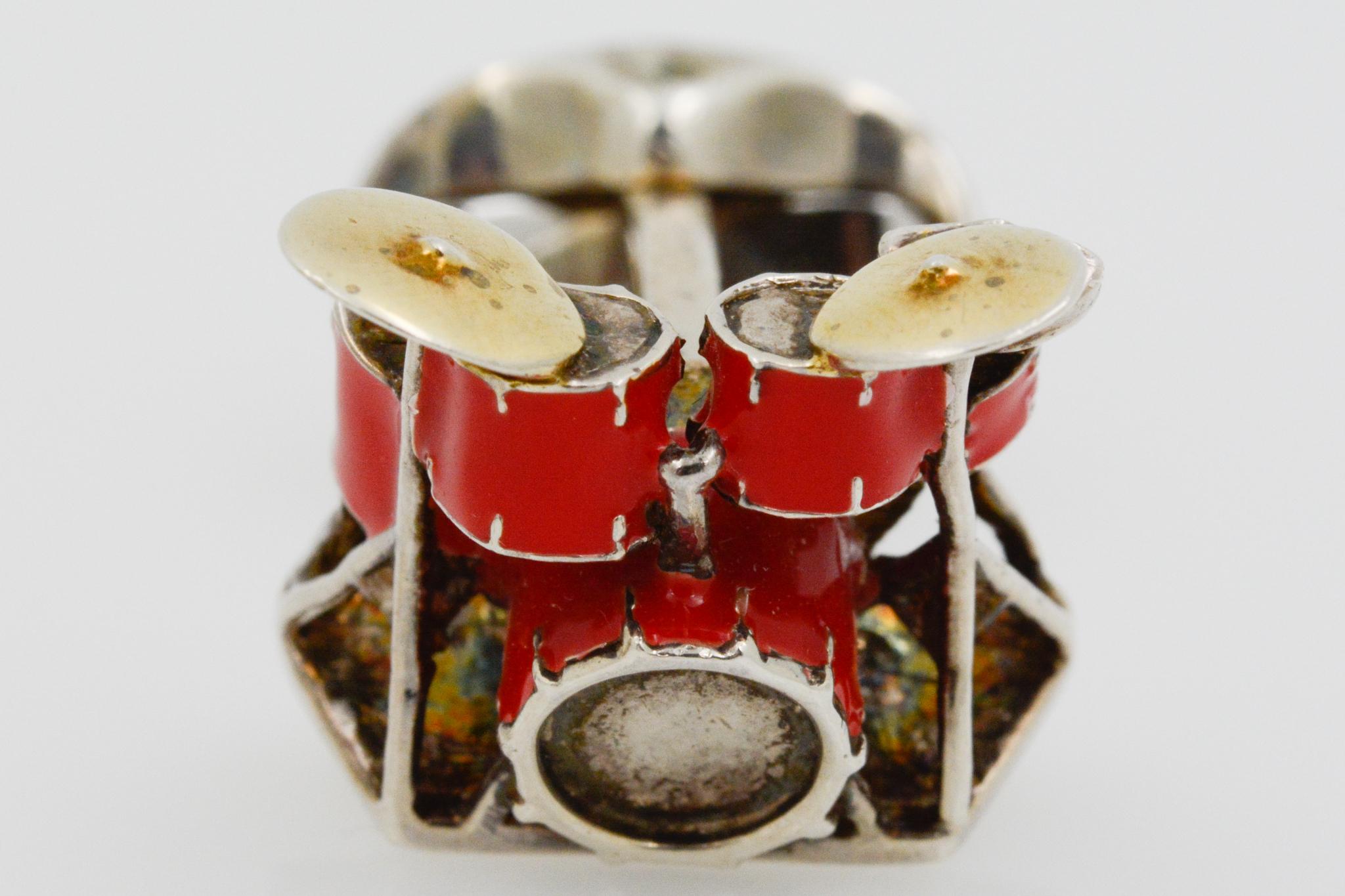 Modern Red Enamel and Sterling Silver Drum Cufflinks