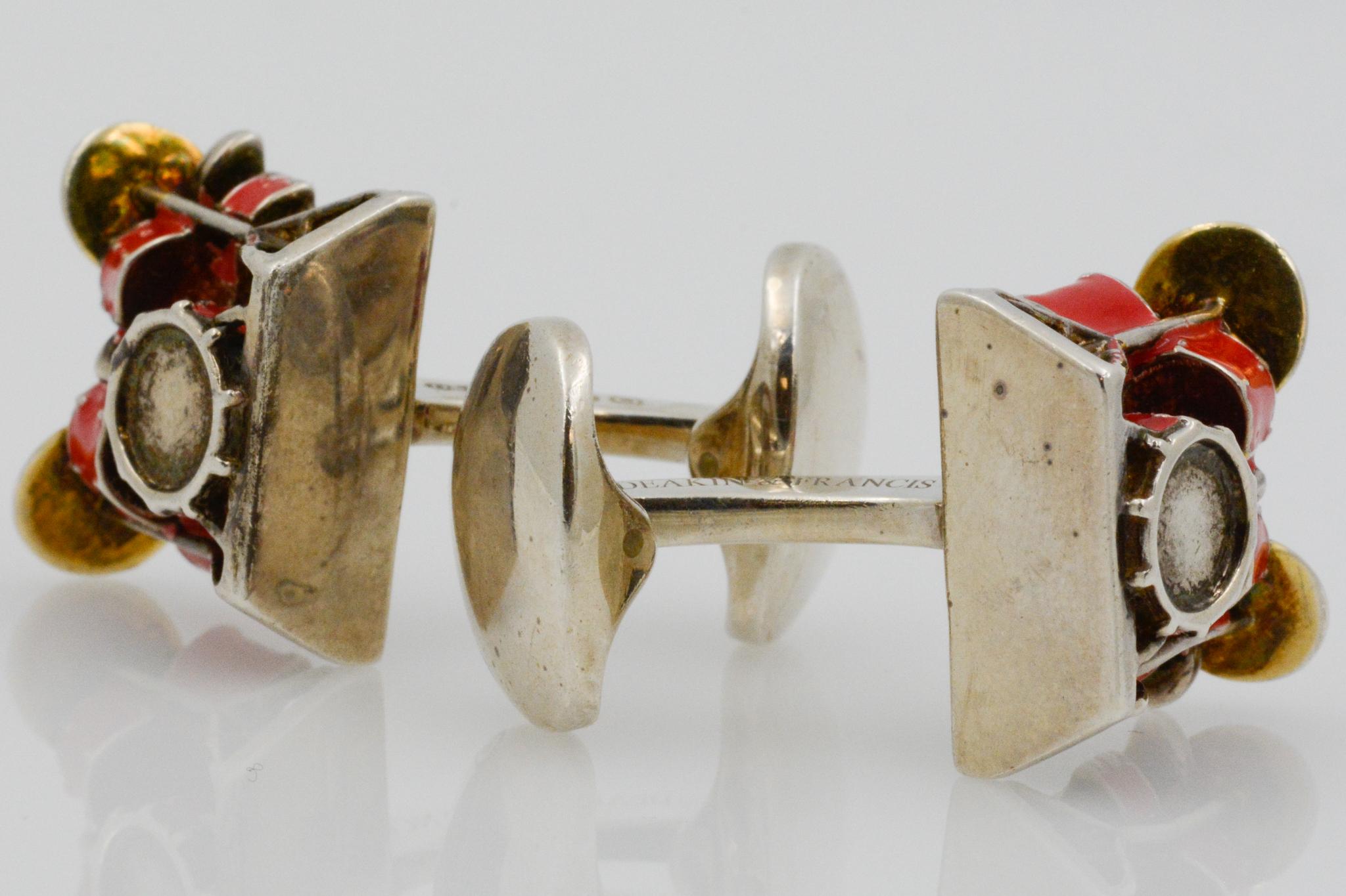 Red Enamel and Sterling Silver Drum Cufflinks In Good Condition In Dallas, TX
