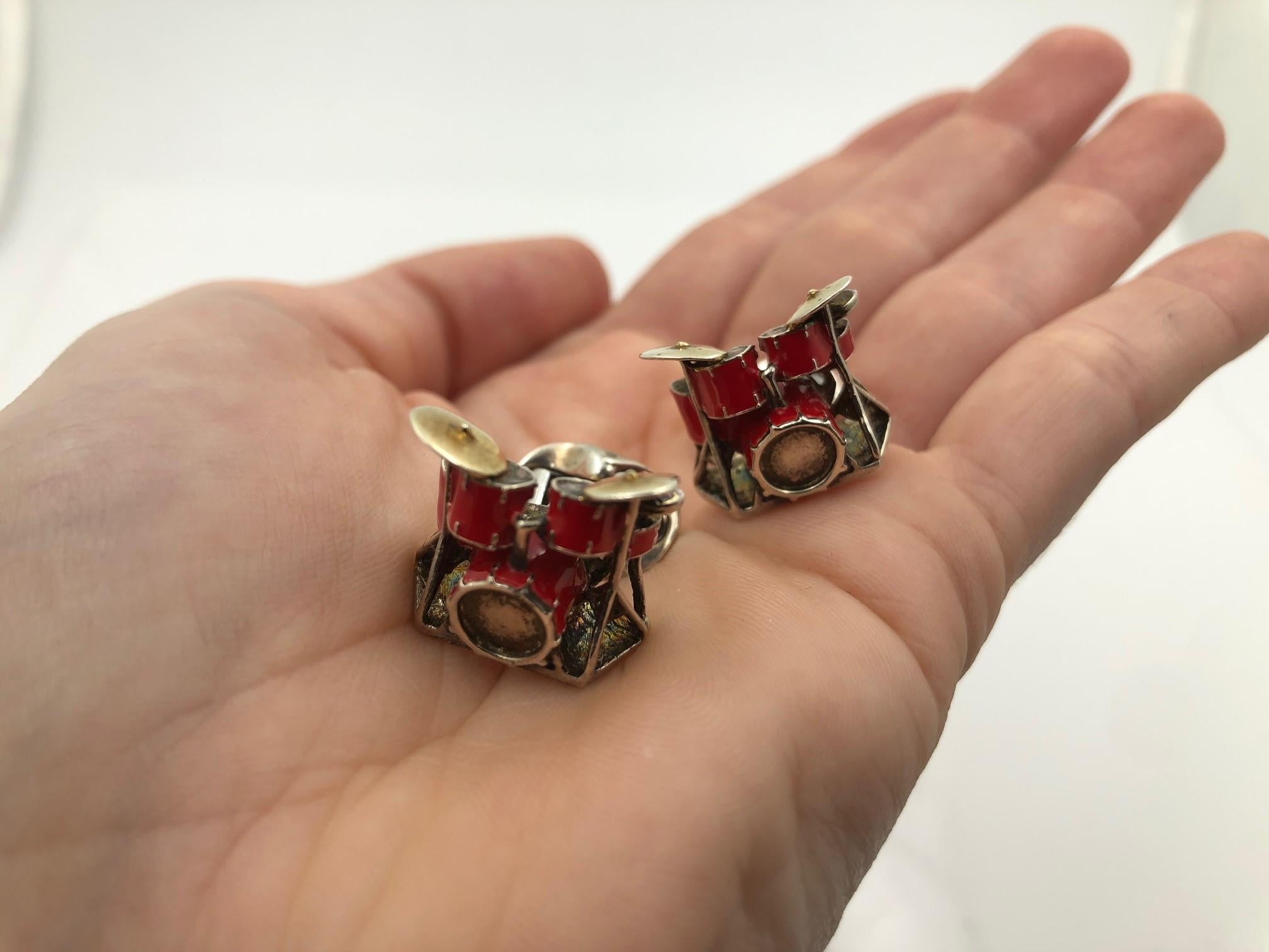 Red Enamel and Sterling Silver Drum Cufflinks 2