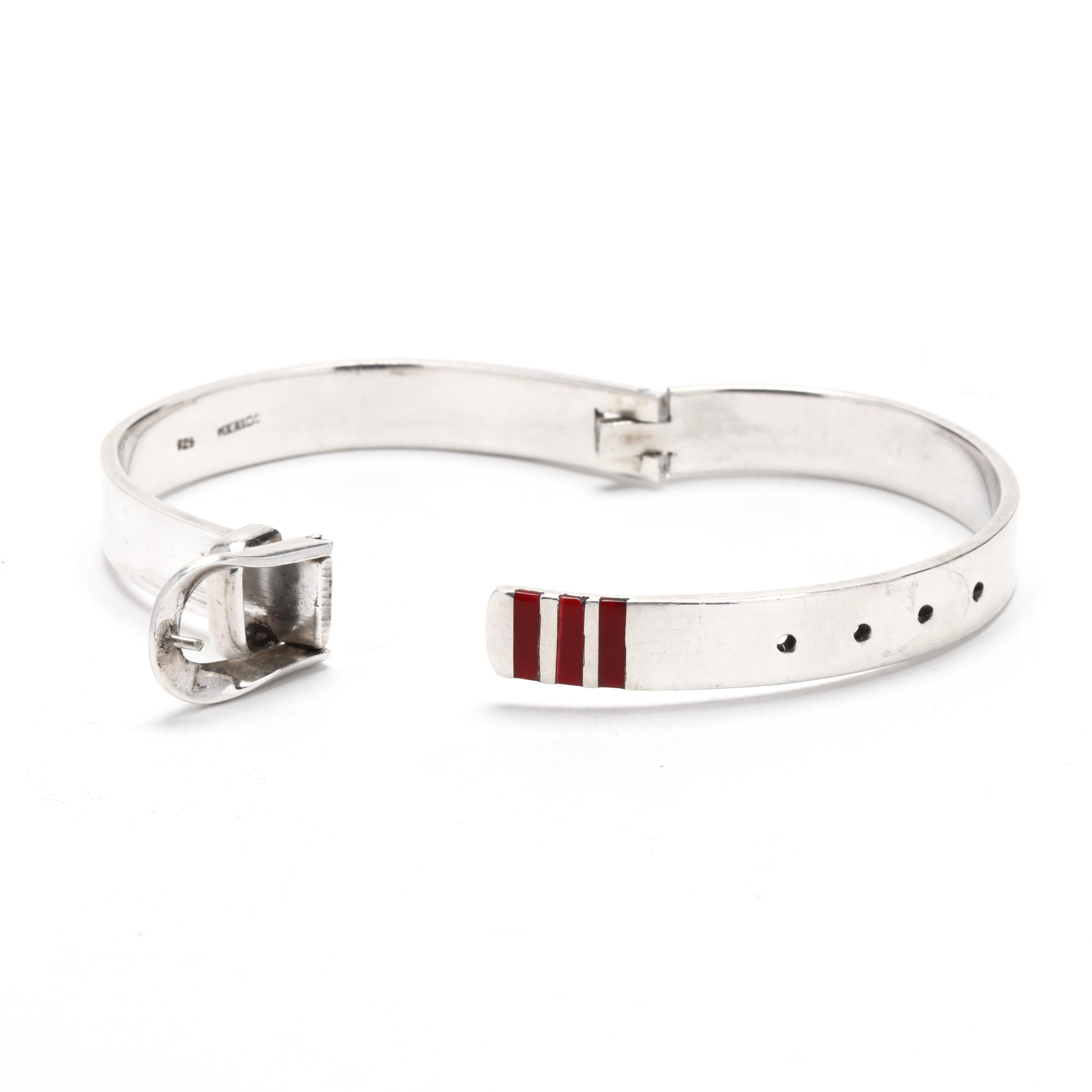 Women's or Men's Red Enamel Belt Buckle Bracelet, Sterling Silver, Length 7.5 Inch, Simple Buckle For Sale