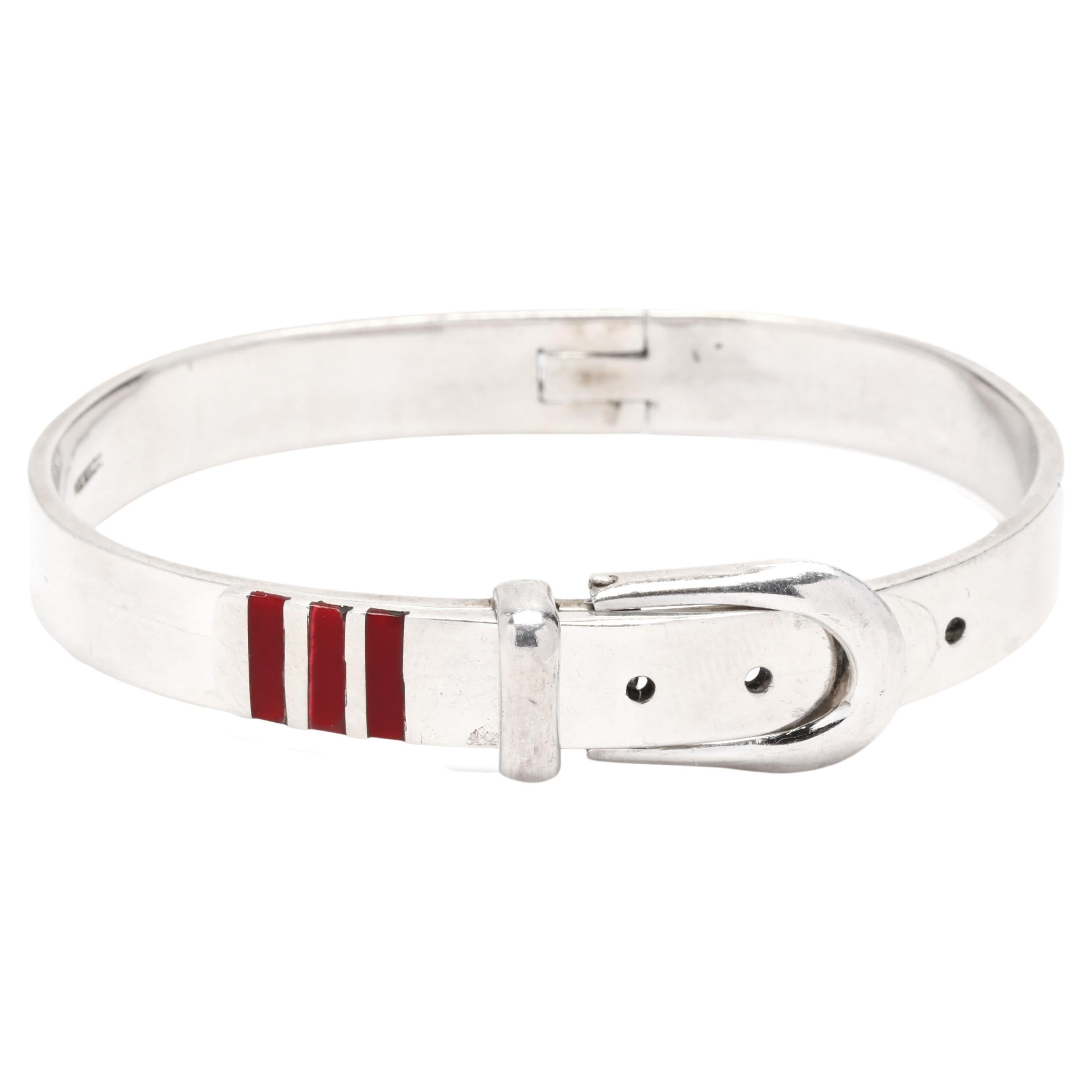 Red Enamel Belt Buckle Bracelet, Sterling Silver, Length 7.5 Inch, Simple Buckle For Sale