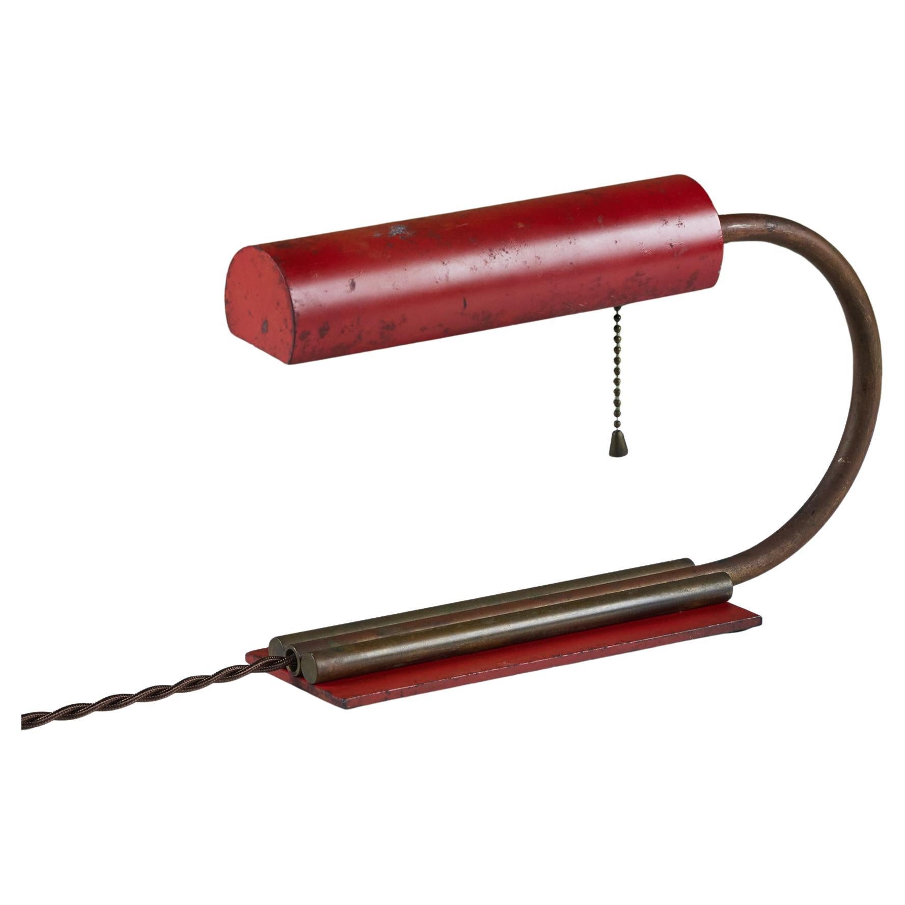 Red Enamel Desk Lamp in the Style of Gilbert Rohde