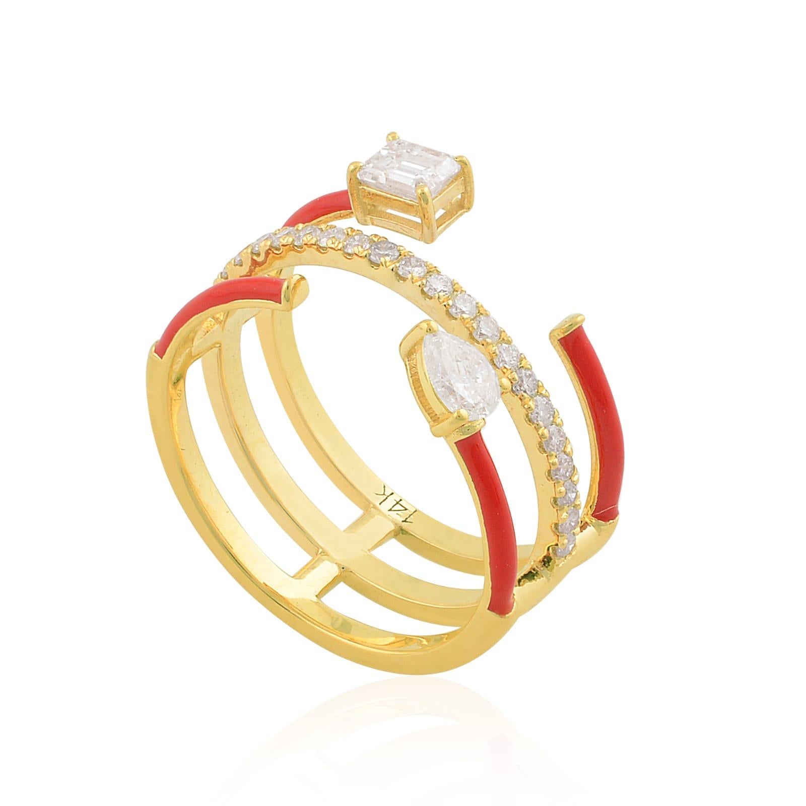 Modern Red Enamel Diamond 14 Karat Gold Ring For Sale