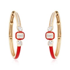 Red Enamel Diamond 14K (or 18k upon request) Yellow Gold Hoop Earrings