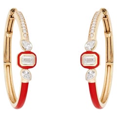 Red Enamel Diamond 14K (or 18k upon request) Yellow Gold Hoop Earrings