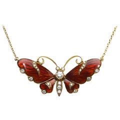 Red Enamel Diamond Gold Butterfly Pendant