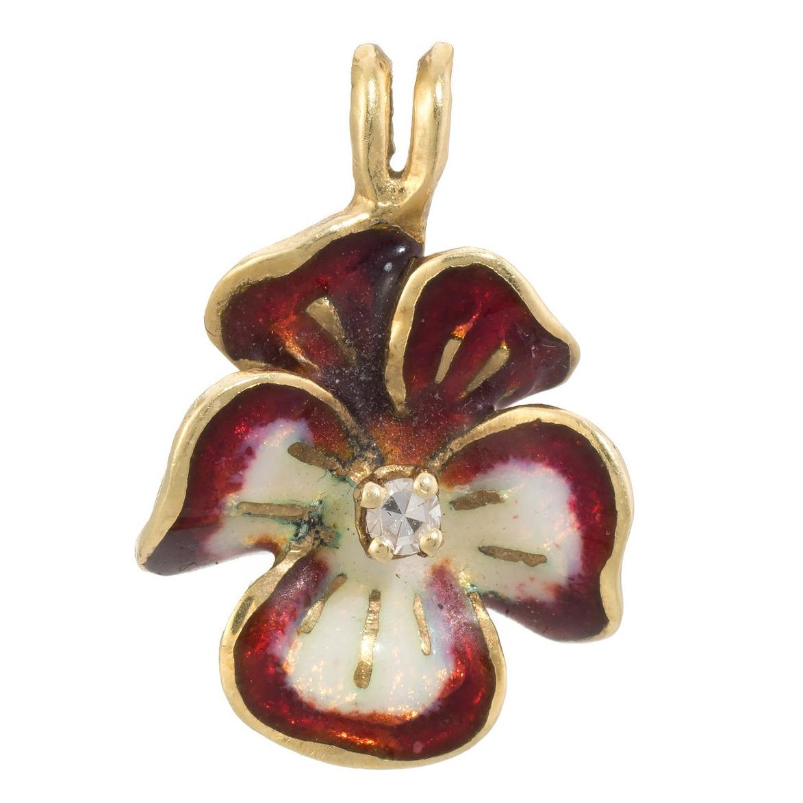 Red Enamel Diamond Pansy Pendant Charm Vintage 14 Karat Yellow Gold Fine Jewelry