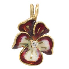 Red Enamel Diamond Pansy Pendant Charm Vintage 14 Karat Yellow Gold Fine Jewelry