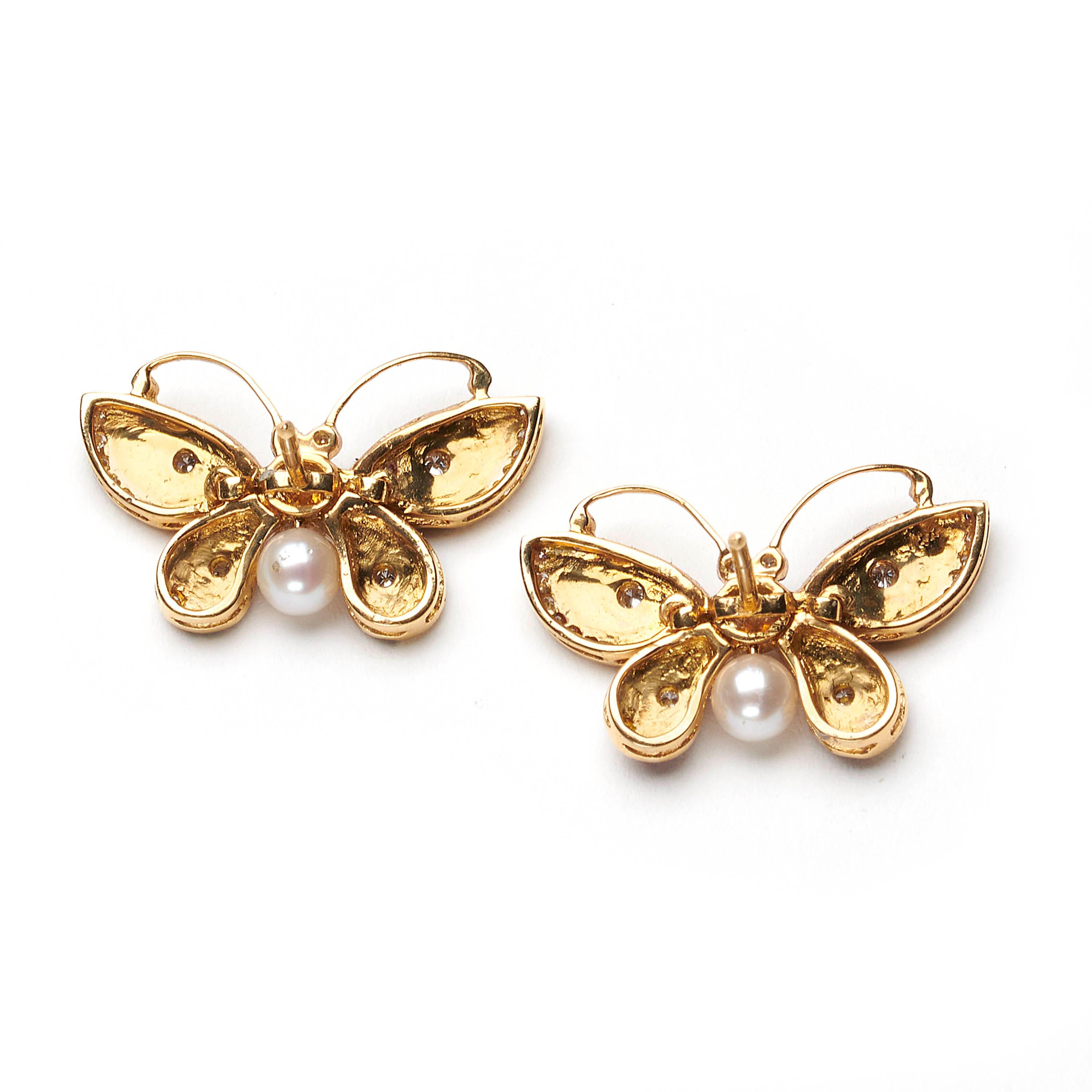 Schmetterlingsohrringe aus roter Emaille, Gold und Diamanten (Rundschliff) im Angebot
