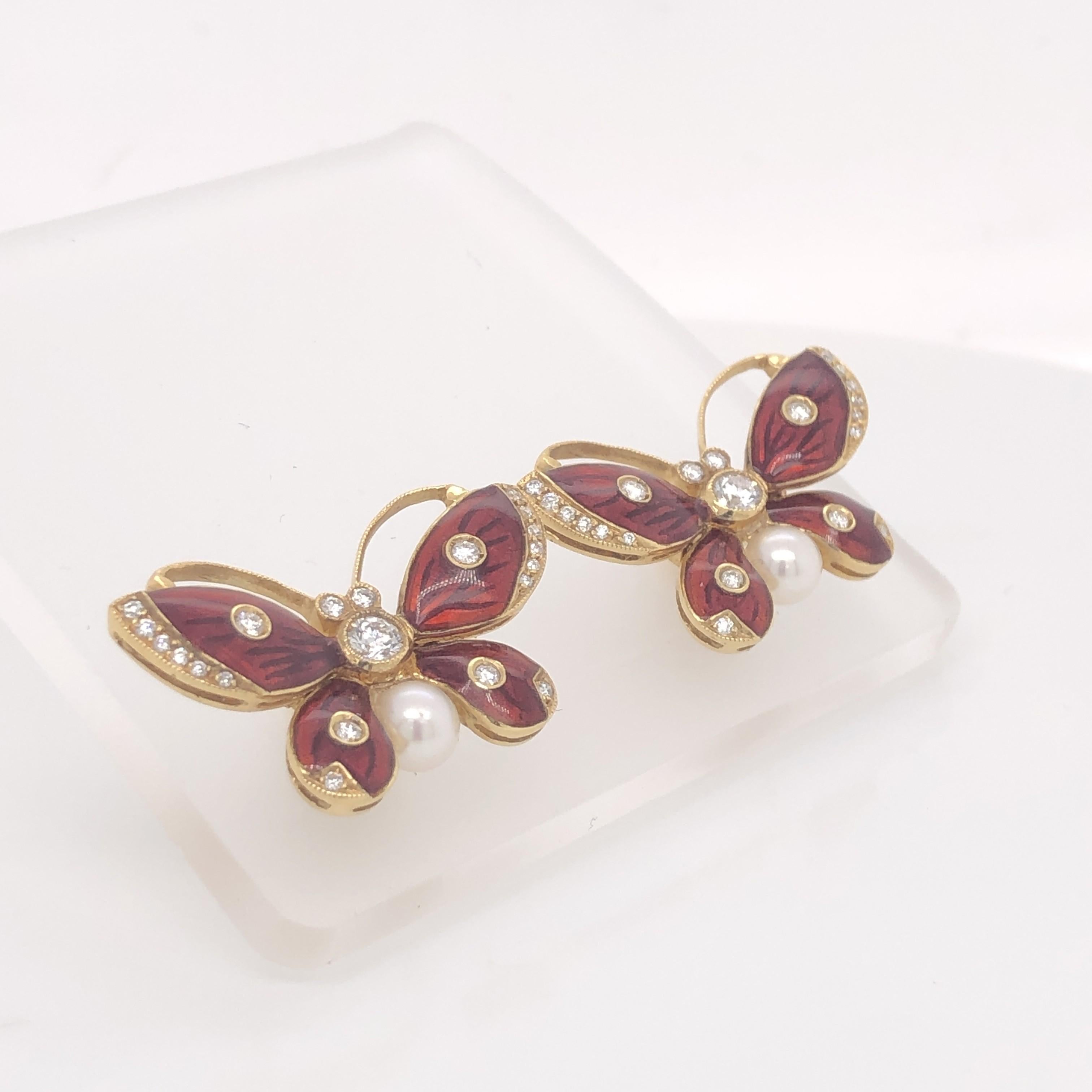 Schmetterlingsohrringe aus roter Emaille, Gold und Diamanten Damen im Angebot