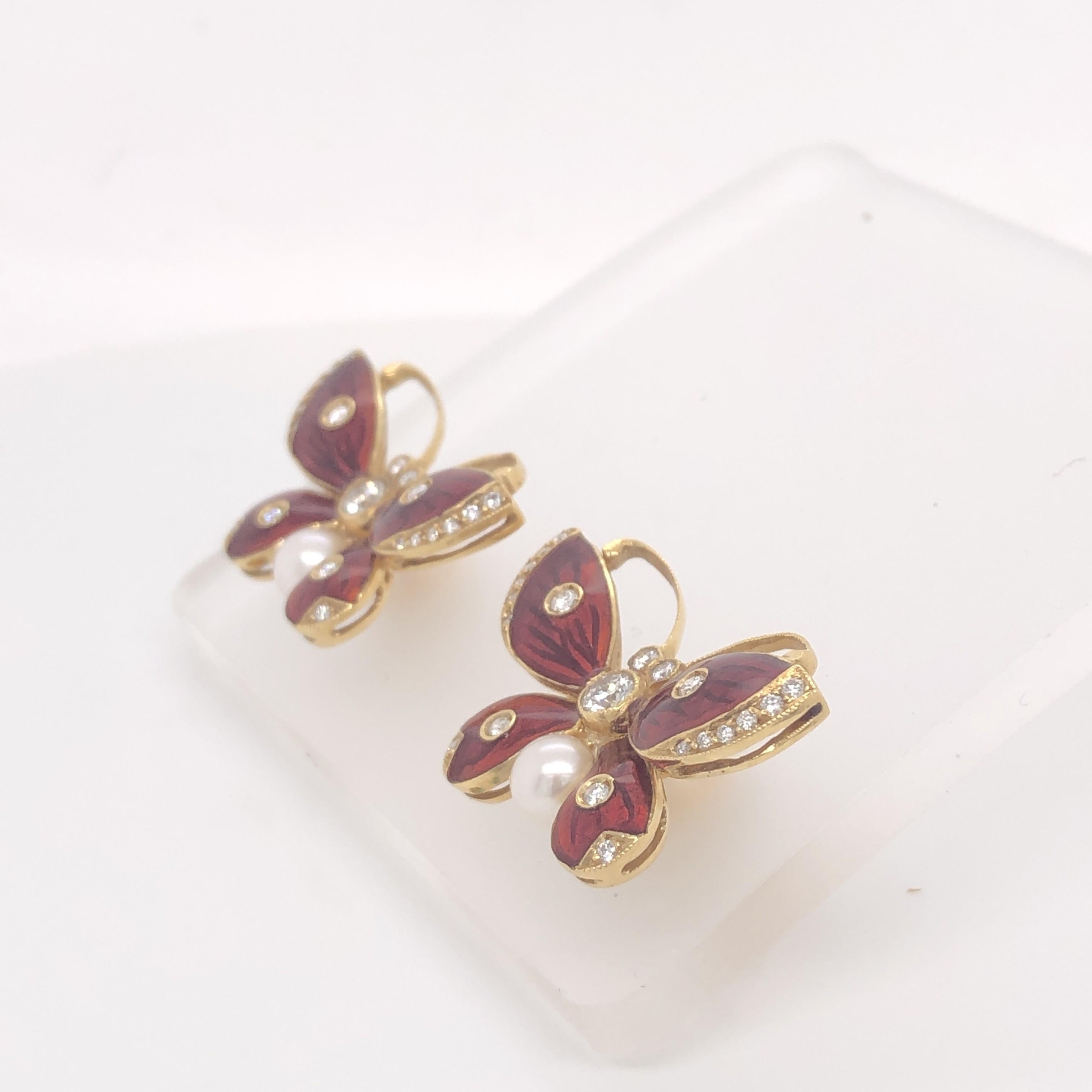 Schmetterlingsohrringe aus roter Emaille, Gold und Diamanten im Angebot 1
