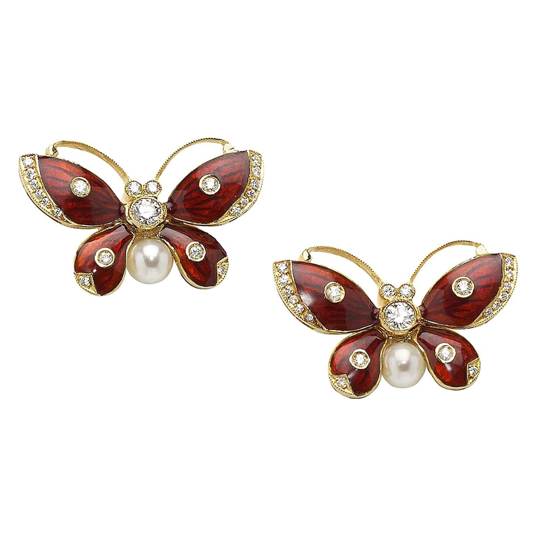 Schmetterlingsohrringe aus roter Emaille, Gold und Diamanten im Angebot
