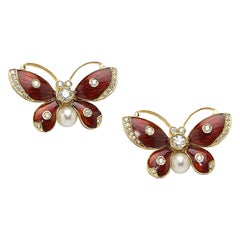Red Enamel, Gold and Diamond Butterfly Earrings