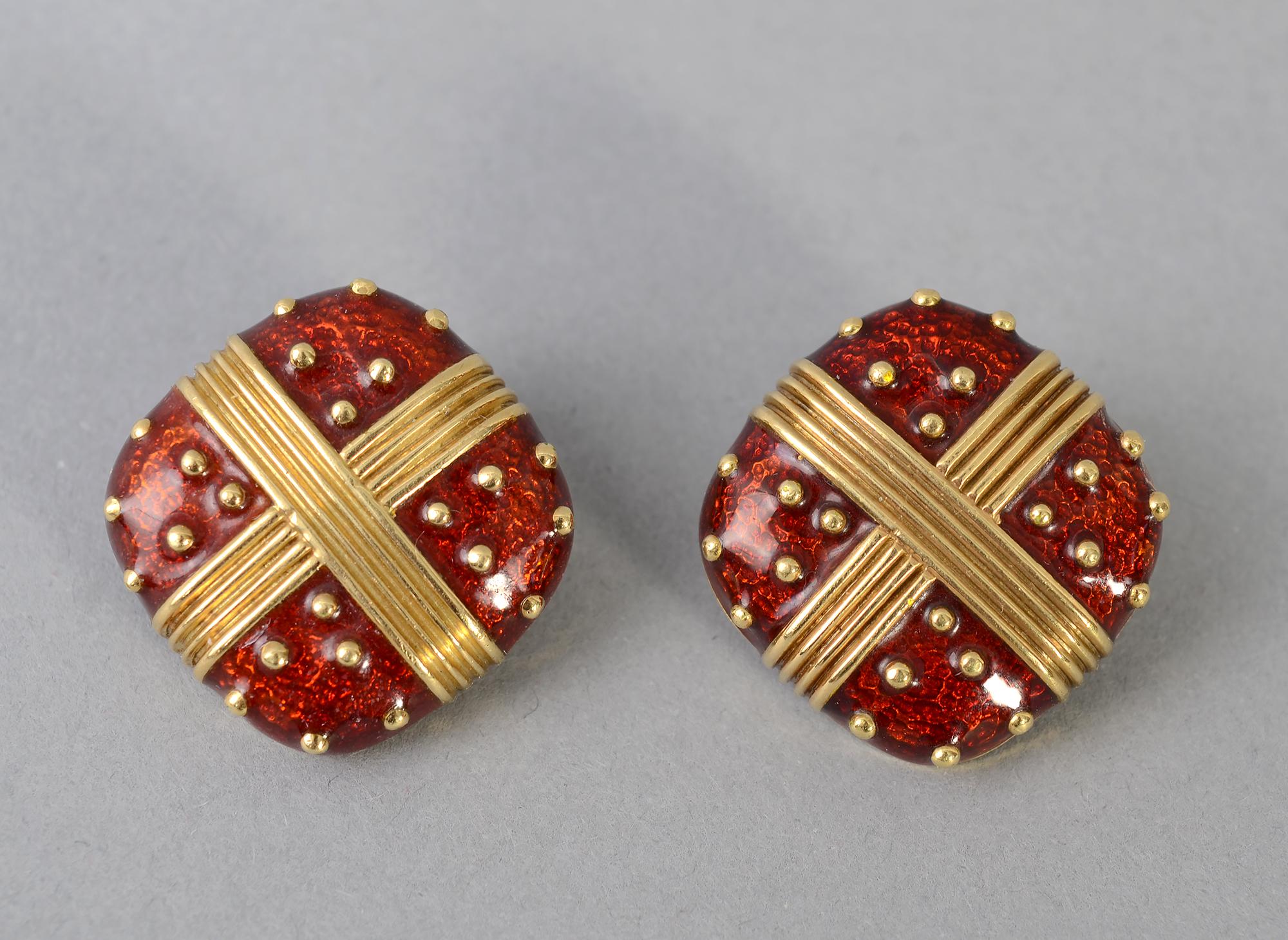 Women's or Men's Red Enamel Gold Earrings For Sale