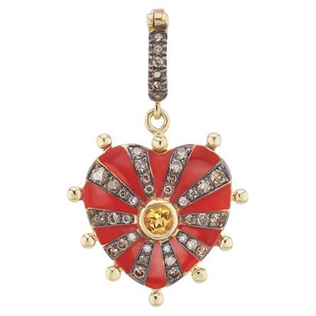 Red Enamel Heart pendant with Citrine and Brown Diamonds For Sale