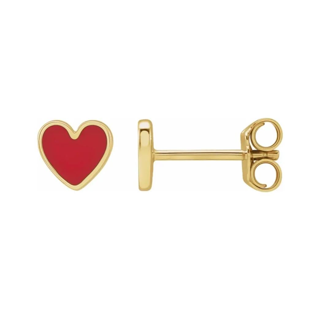 Red Enamel Heart Studs Petite Earring Stack 14K Gold Contemporary Love In New Condition For Sale In Austin, TX