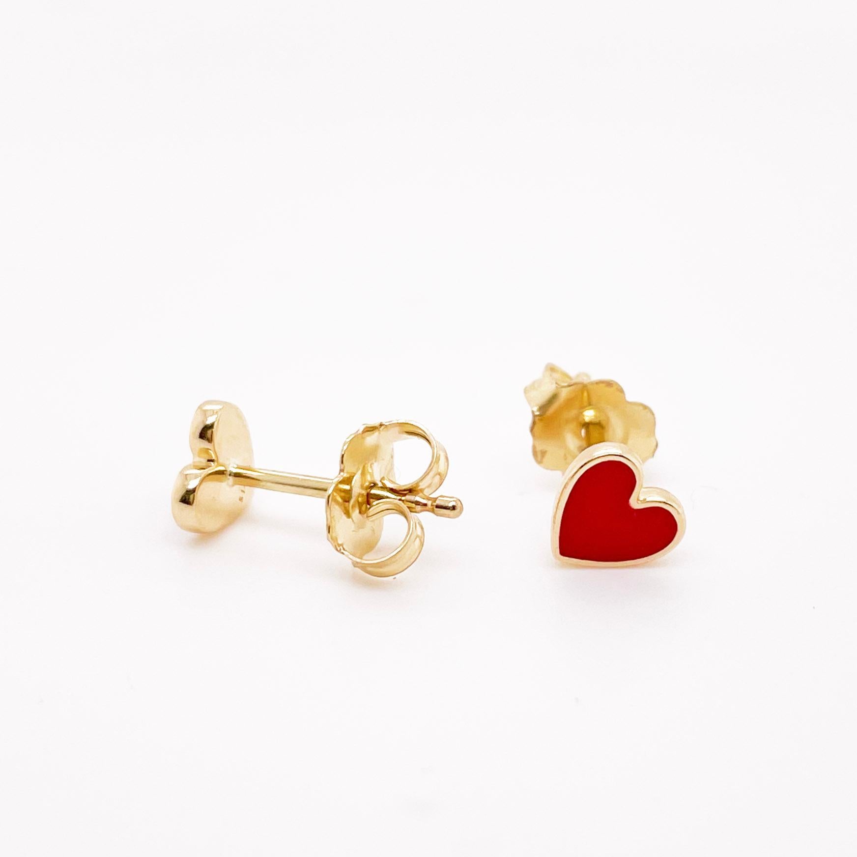 Red Enamel Heart Studs Petite Earring Stack 14K Gold Contemporary Love For Sale 4
