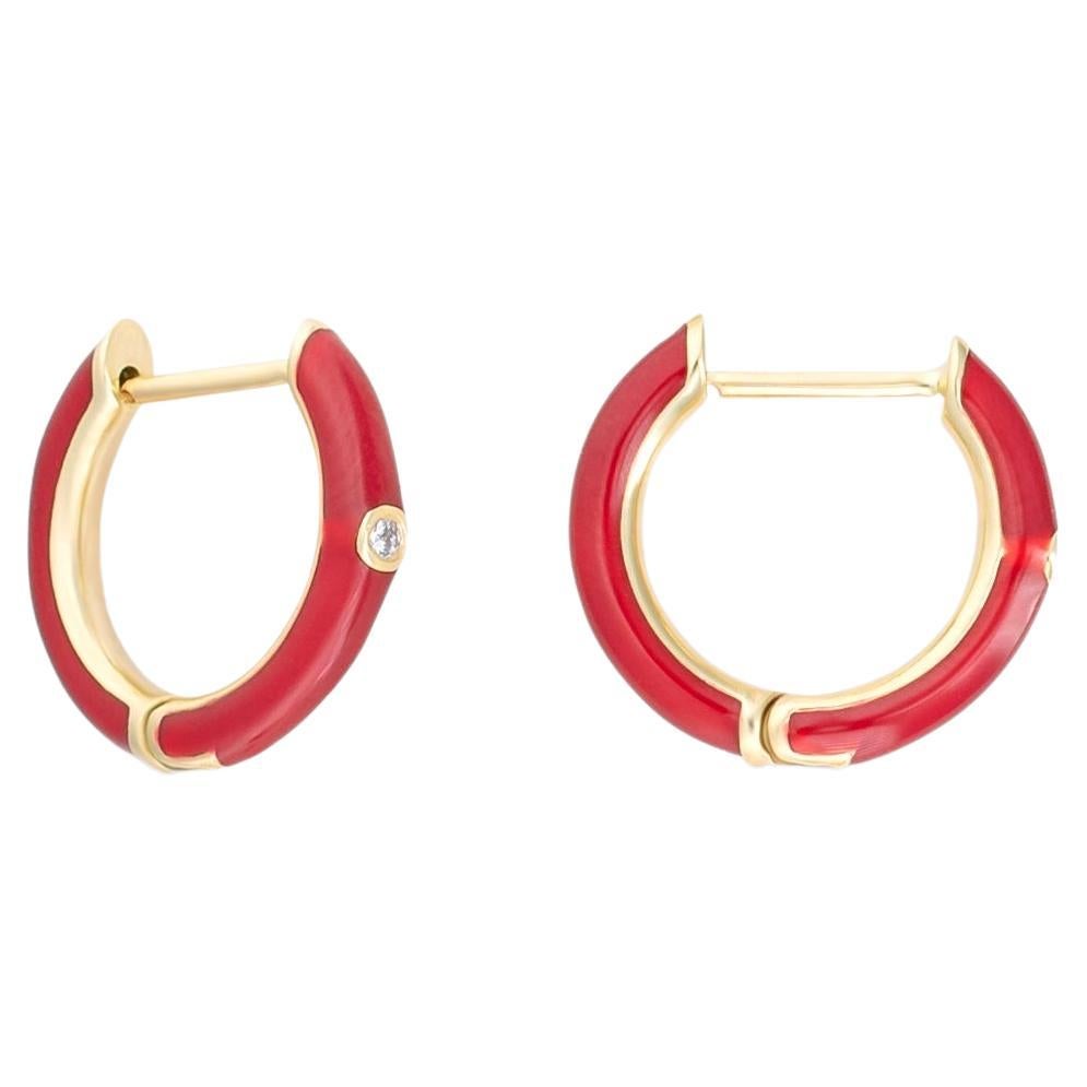 Red Enamel Huggies with Diamonds, 14K Yellow Gold, GH SI1 Diamonds For Sale