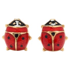 Vintage Red Enamel Ladybug Stud Earrings, 14KT Yellow Gold