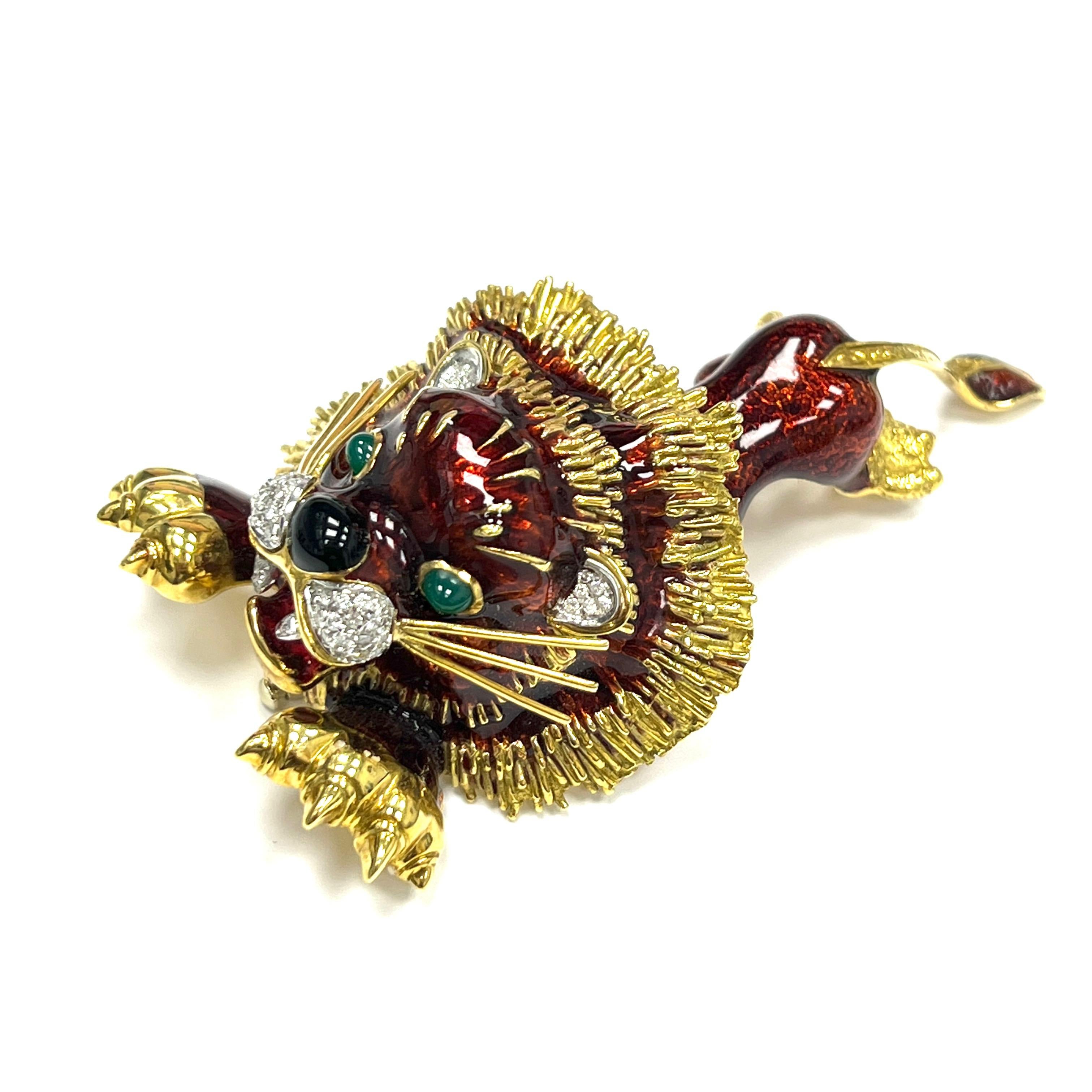 Red enamel lion brooch, Italian

Cabochon emeralds, round-cut diamonds, red and black enamel, 18 karat yellow gold; marked Italy, 18k

Size: width 1.75 inches, length 3.5 inches
Total weight: 62.7 grams