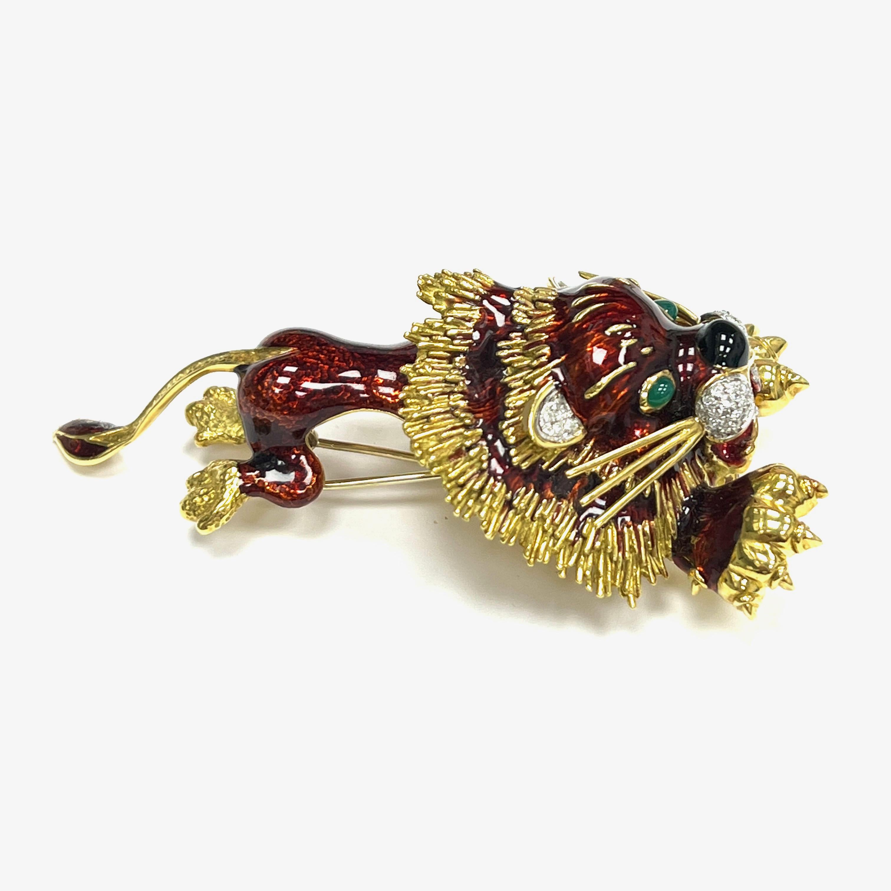 Contemporary Red Enamel Lion Brooch For Sale