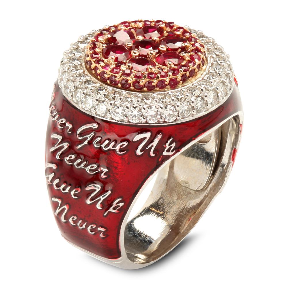 18K White and Rose Gold Mens Ring with Red Enamel, Rubys and Diamonds by Stambolian

This state-of-the-art mens ring by Stambolian is a signature of their 2019 mens collection featuring high-quality rubies and diamonds set in the center with red