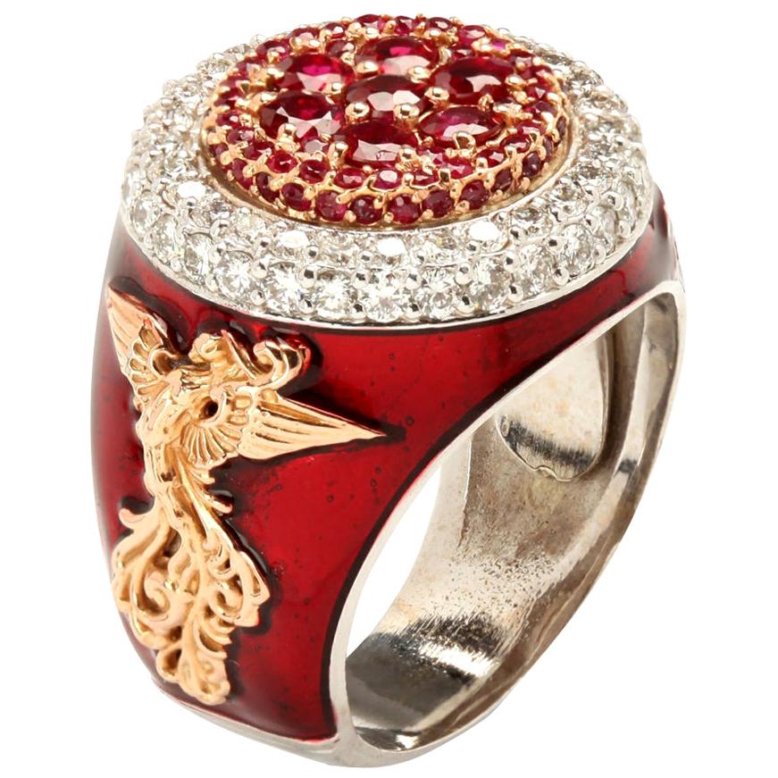Red Enamel Men’s Ring with Ruby and Diamonds White and Rose Gold Stambolian