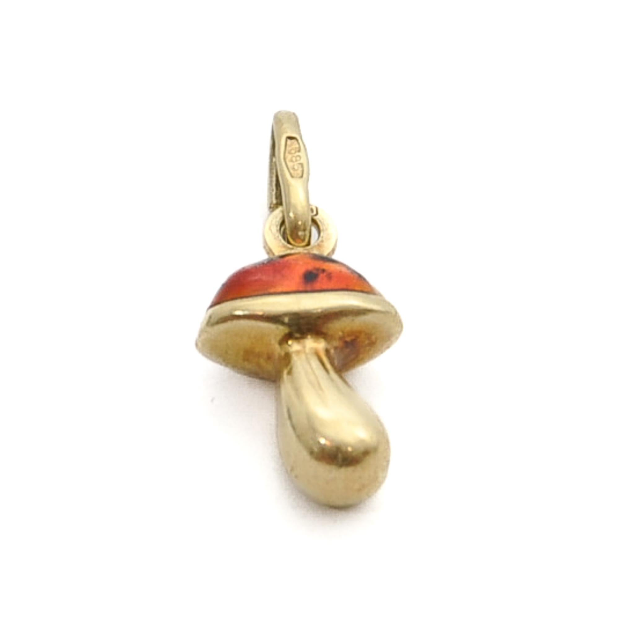 Women's or Men's Vintage Toadstool Mushroom Enamel 14K Gold Charm Pendant