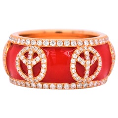 Red Enamel "Peace Symbols" Diamond Ring 18 Karat Rose Gold