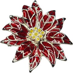 Red Enamel Poinsettia Flower Silver Tone Brooch