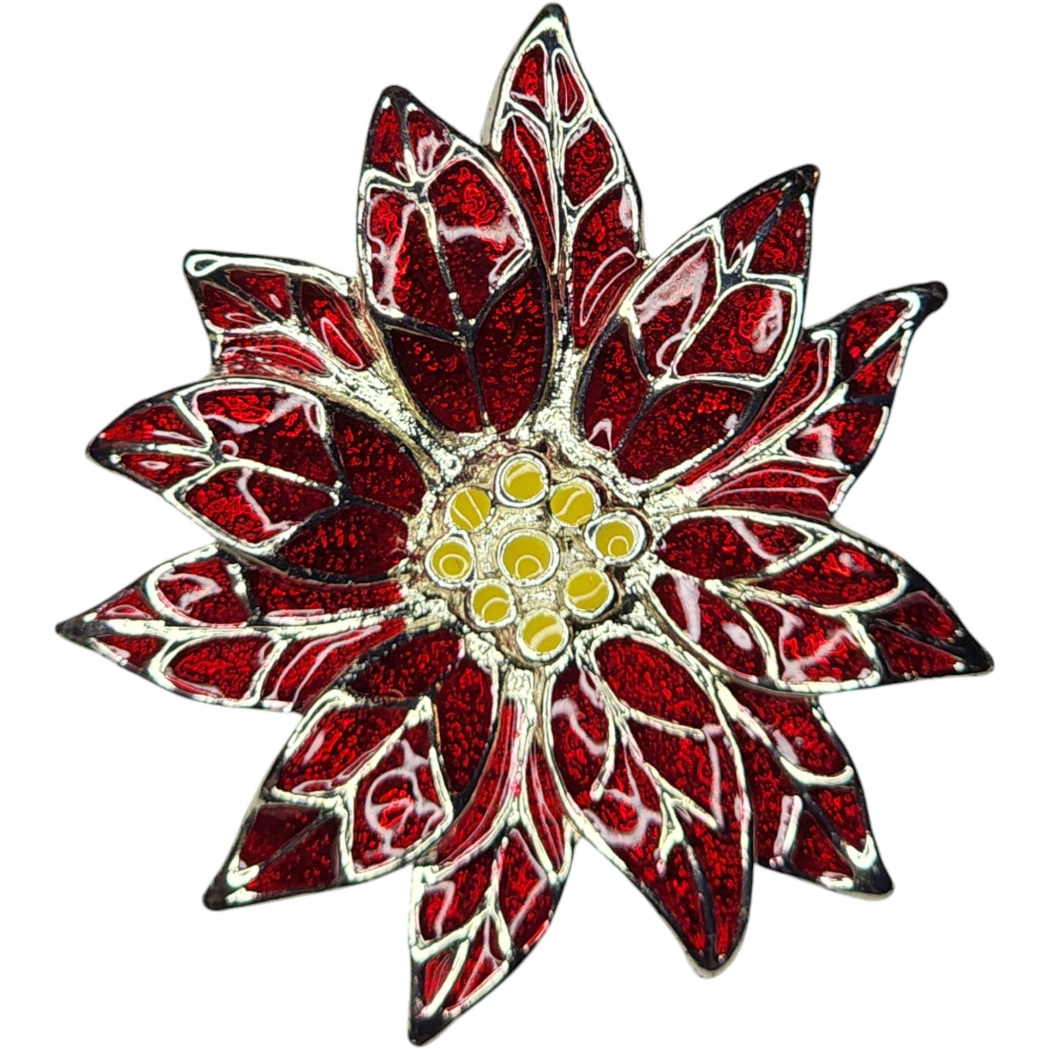 Broche de esmalte rojo Flor de Pascua en tono plateado en venta