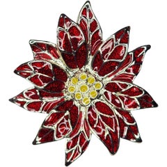 Red Enamel Poinsettia Flower Silver Tone Brooch