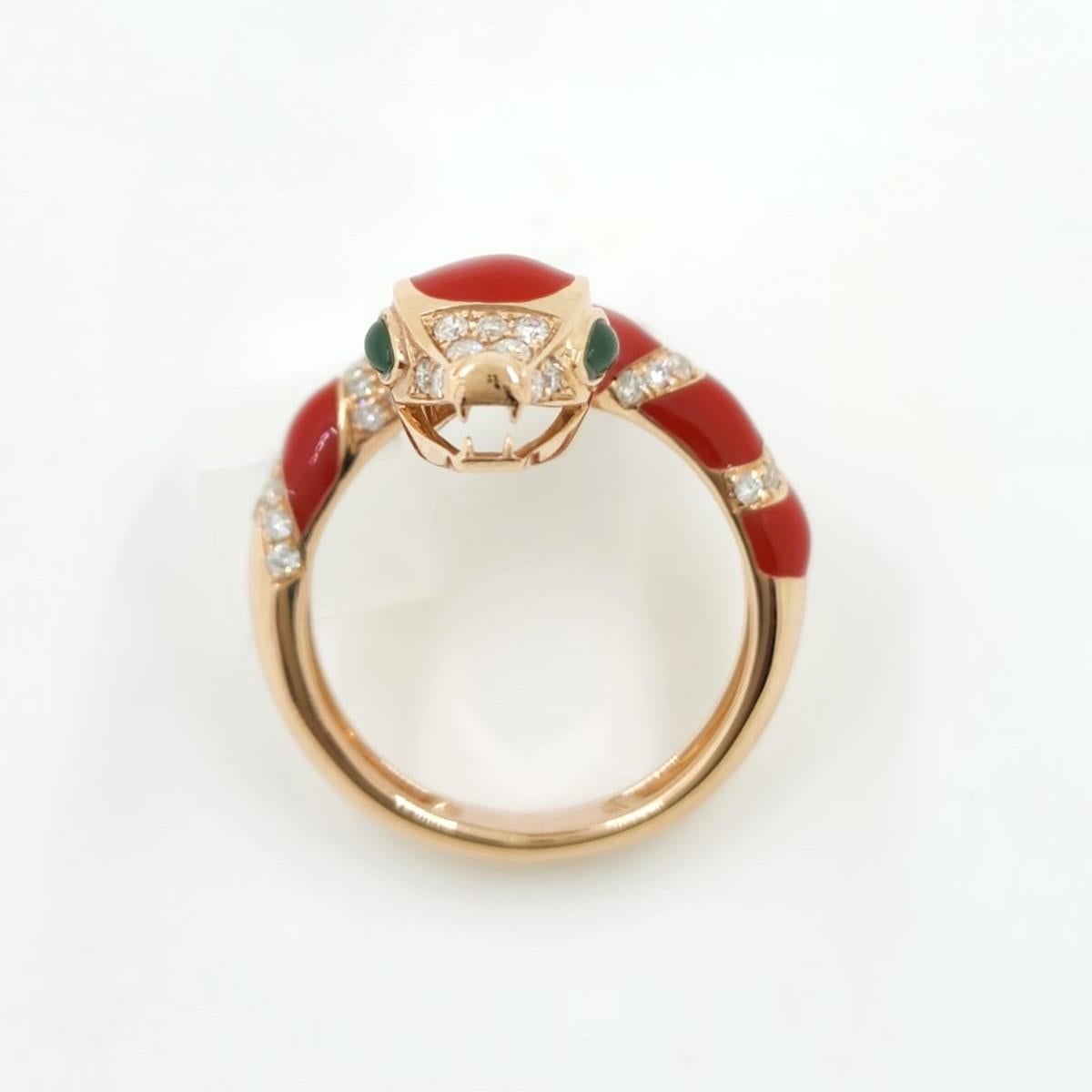 Modern Red Enamel Snake Diamond Ring in 18 Karat Rose Gold