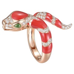 Red Enamel Snake Diamond Ring in 18 Karat Rose Gold