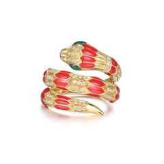 Red Enamel Snake Diamond Ring in 18 Karat Yellow Gold