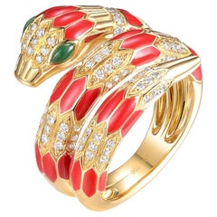 Red Enamel Snake Diamond Ring in 18 Karat Yellow Gold