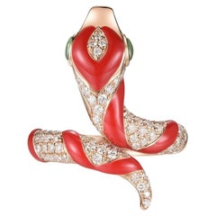 Red Enamel Snake Ring Diamond in 18 Karat Rose Gold