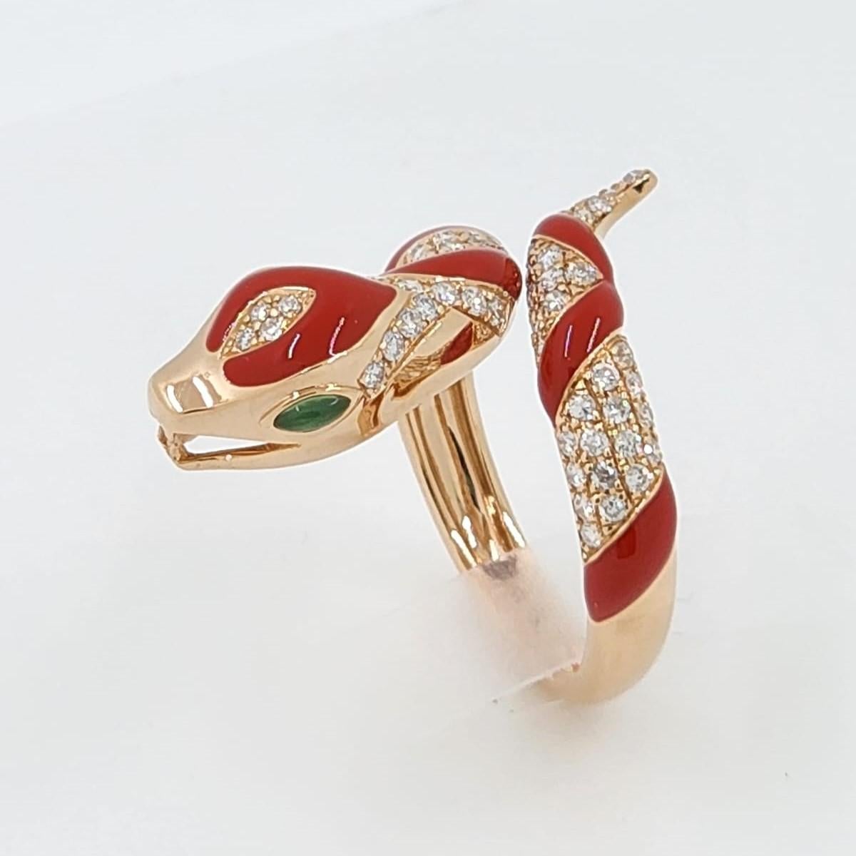 Modernist Red Enamel Snake Ring Diamond in 18 Karat Rose Gold For Sale