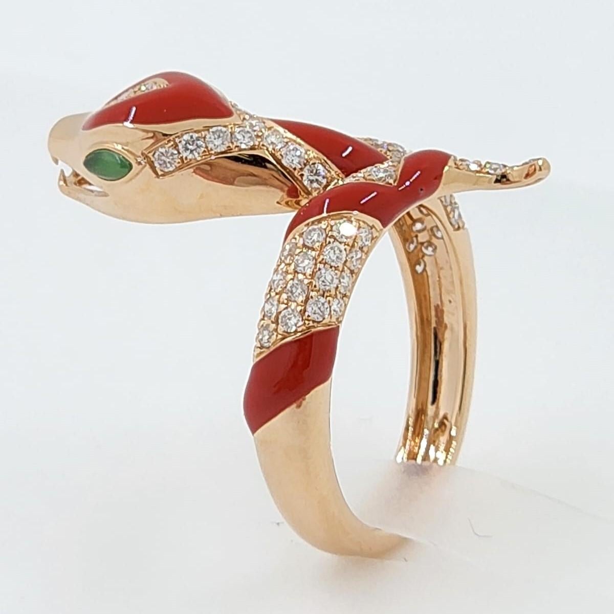 Round Cut Red Enamel Snake Ring Diamond in 18 Karat Rose Gold For Sale