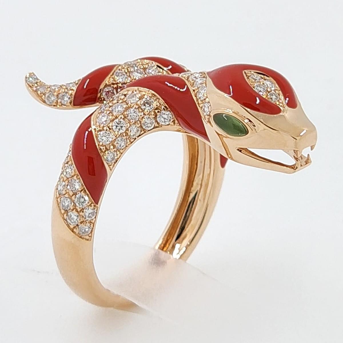 Red Enamel Snake Ring Diamond in 18 Karat Rose Gold In New Condition For Sale In Hong Kong, HK