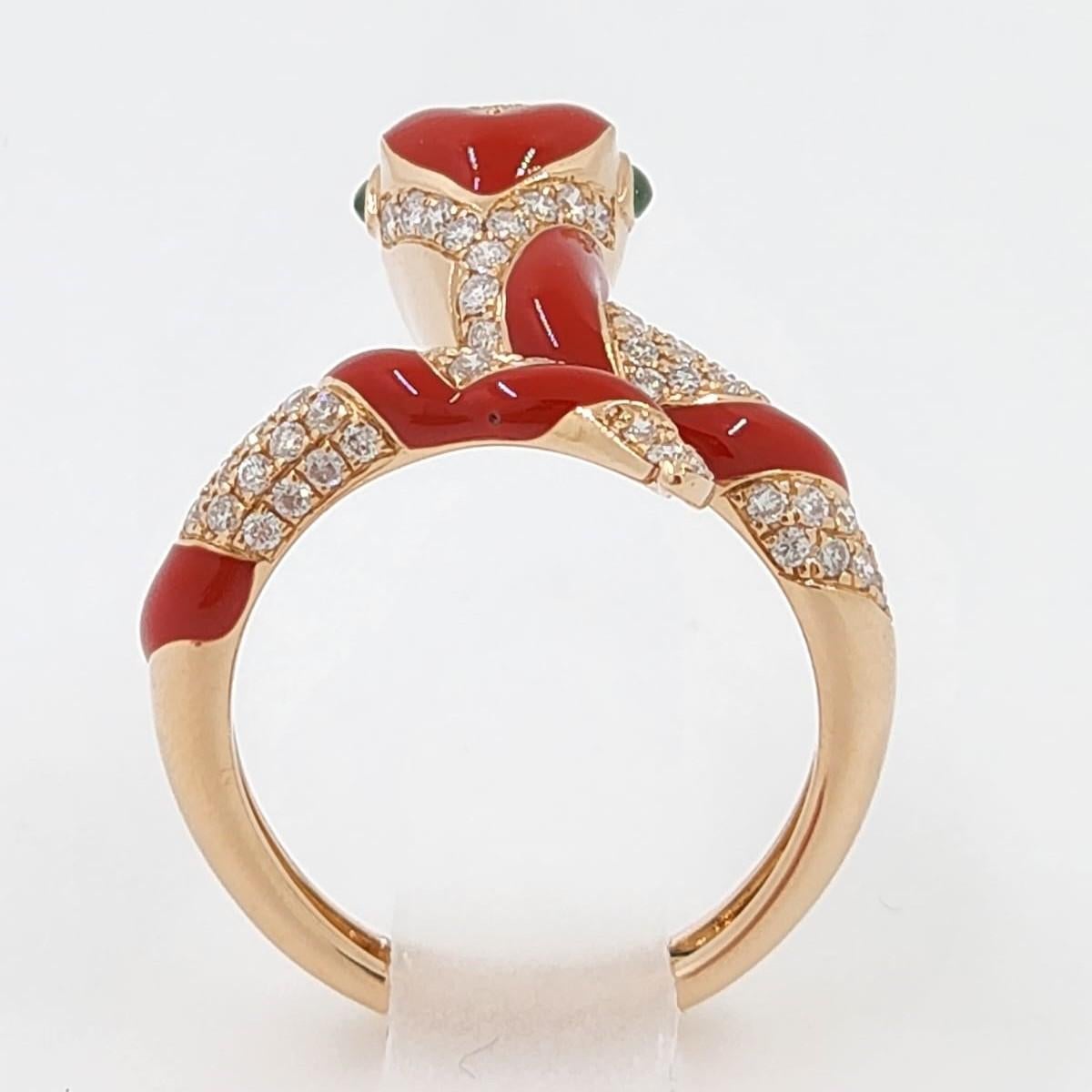 Women's Red Enamel Snake Ring Diamond in 18 Karat Rose Gold For Sale