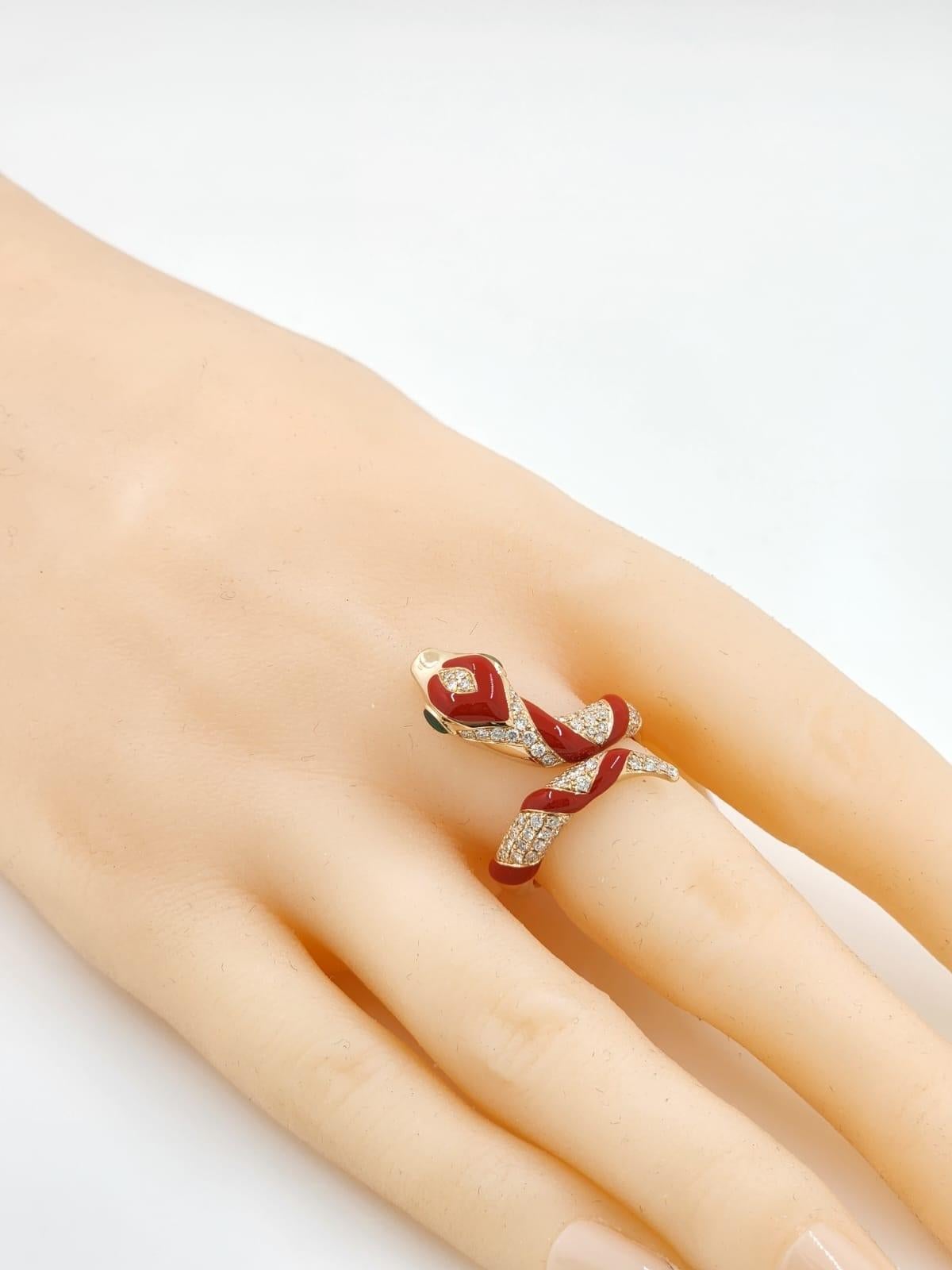 Red Enamel Snake Ring Diamond in 18 Karat Rose Gold For Sale 1
