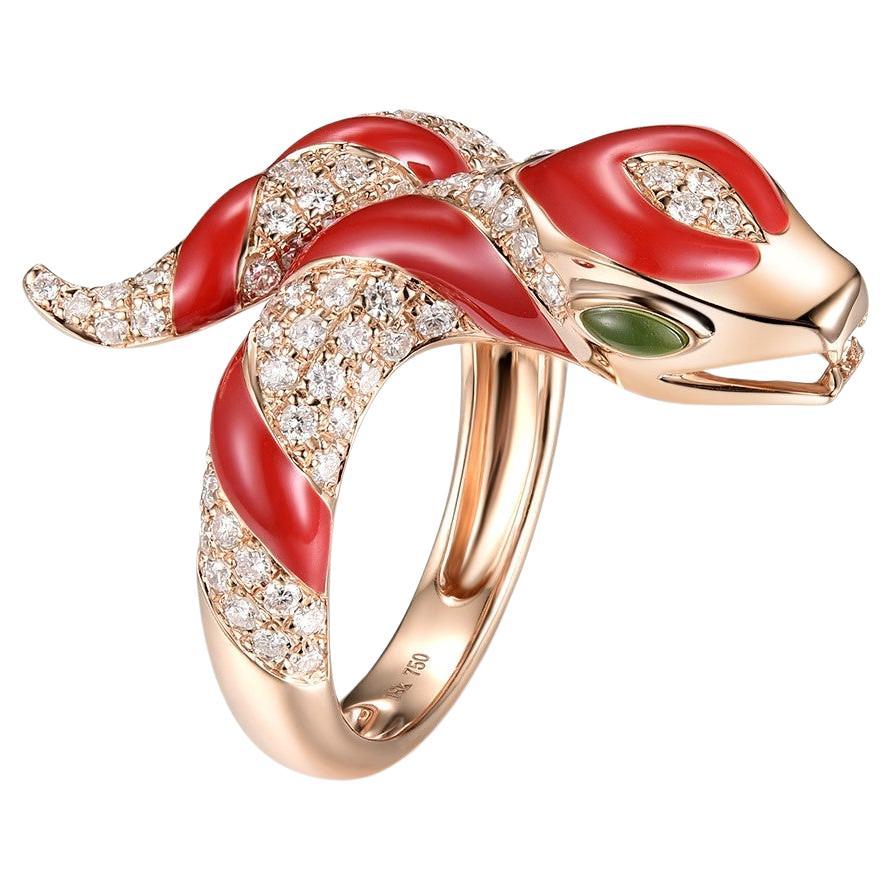 Red Enamel Snake Ring Diamond in 18 Karat Rose Gold For Sale