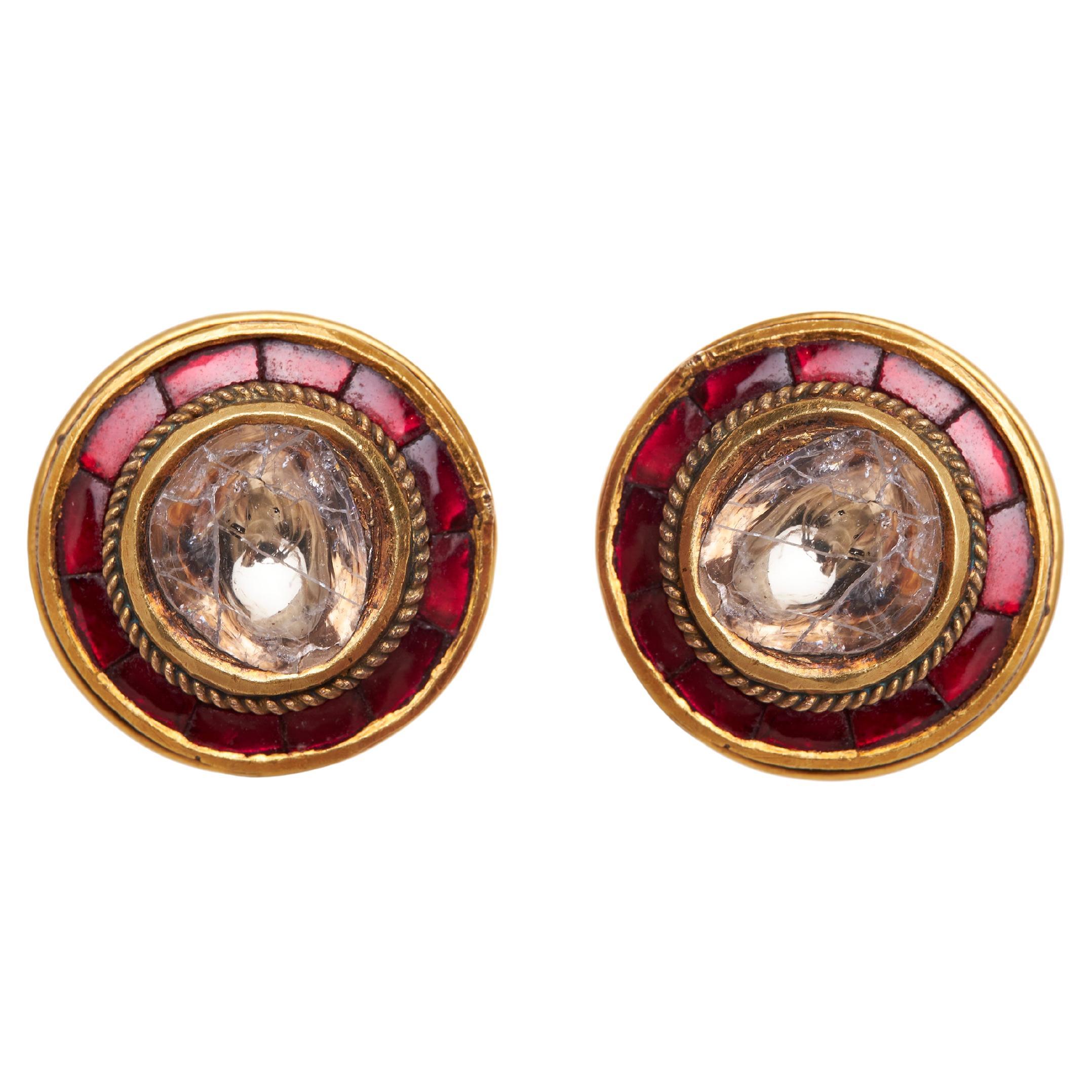Red Enamel & Uncut Diamond Studs in 18kt Gold