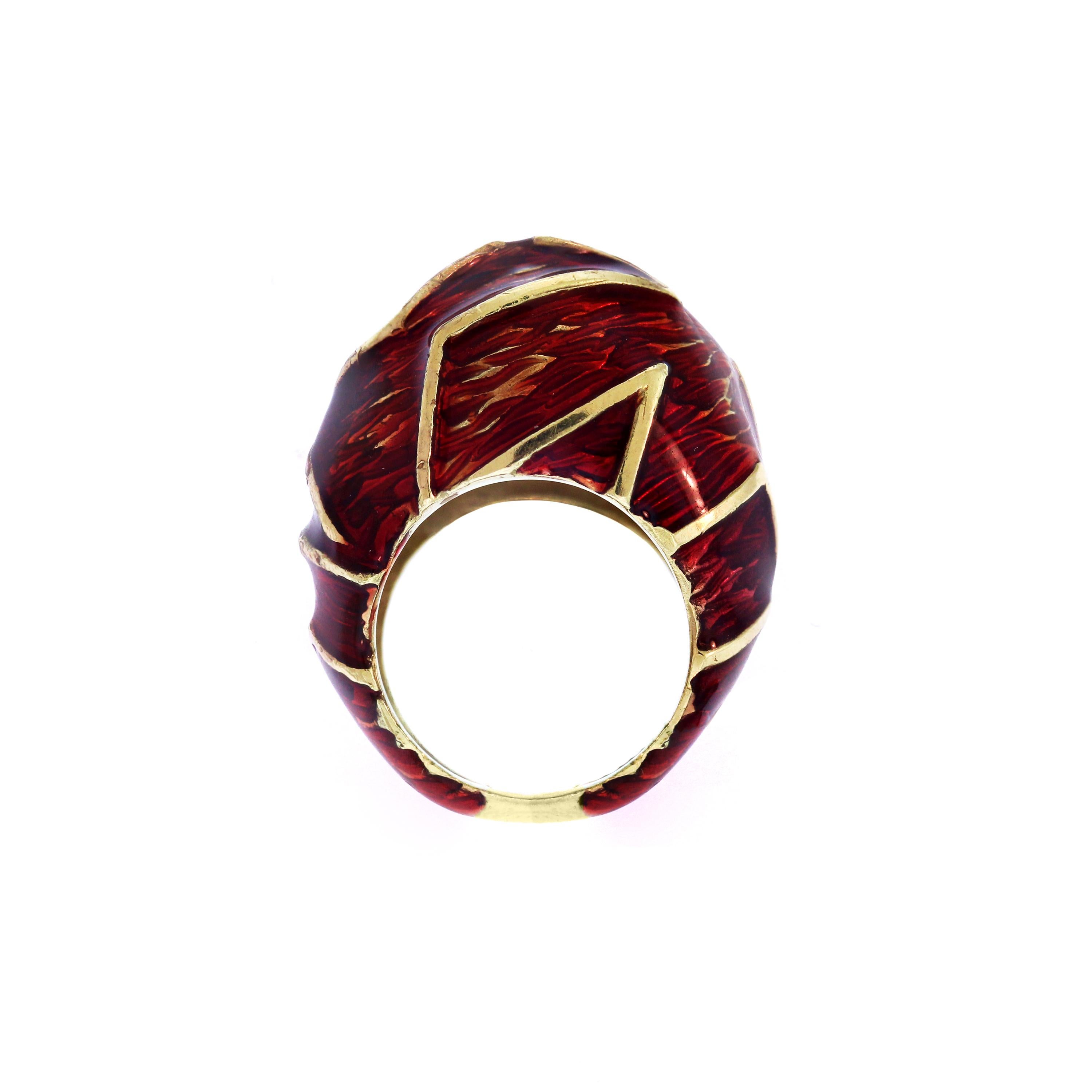 18K Yellow Gold Cocktail Ring with Red Enamel

Beautifully done Red Enamel all throughout the ring with beautiful texture

Ring face is 0.7 inch 
8mm band width

Ring size is 6.5. Sizable