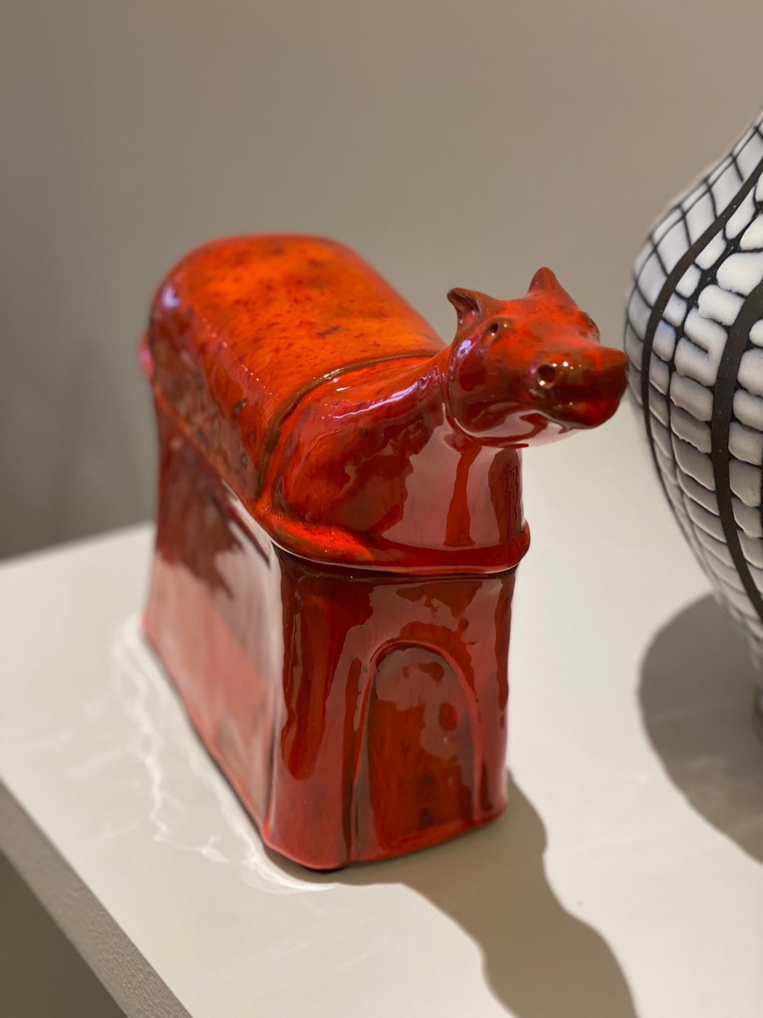 Red Enameled Ceramic Box Horse Sculpture signed by Robert & Jean Cloutier In Good Condition In Paris, FR