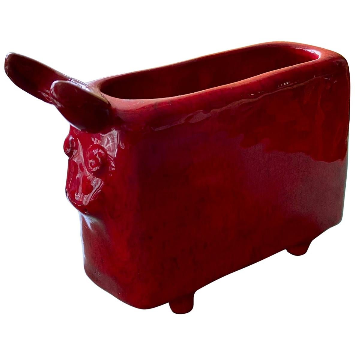 Red Enameled Ceramic Vase "Le Taureau", Cloutier Freres, circa 1950s, France