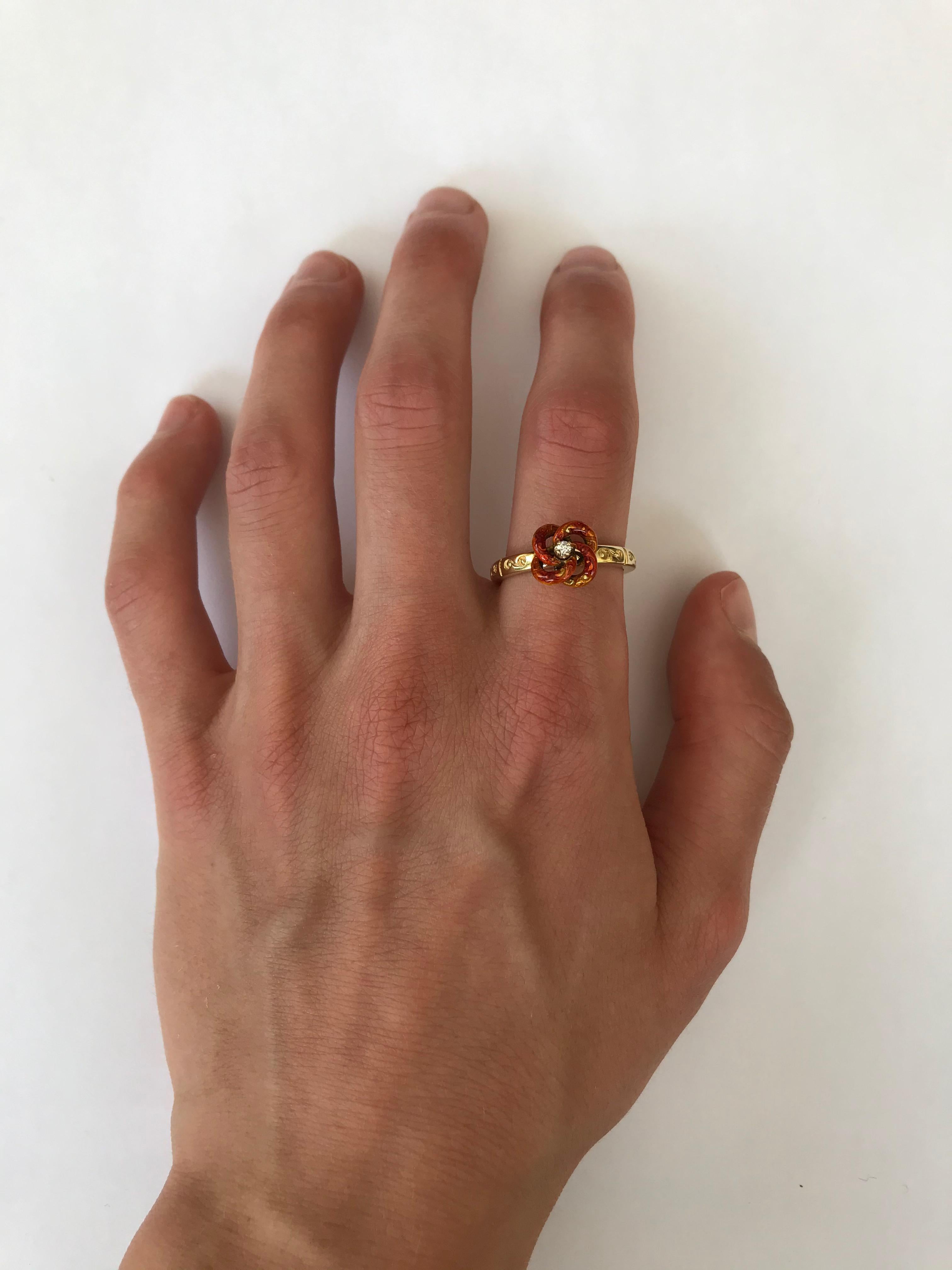 Women's or Men's Red Enameled Diamond 18k Gold Lover's Knot Ring