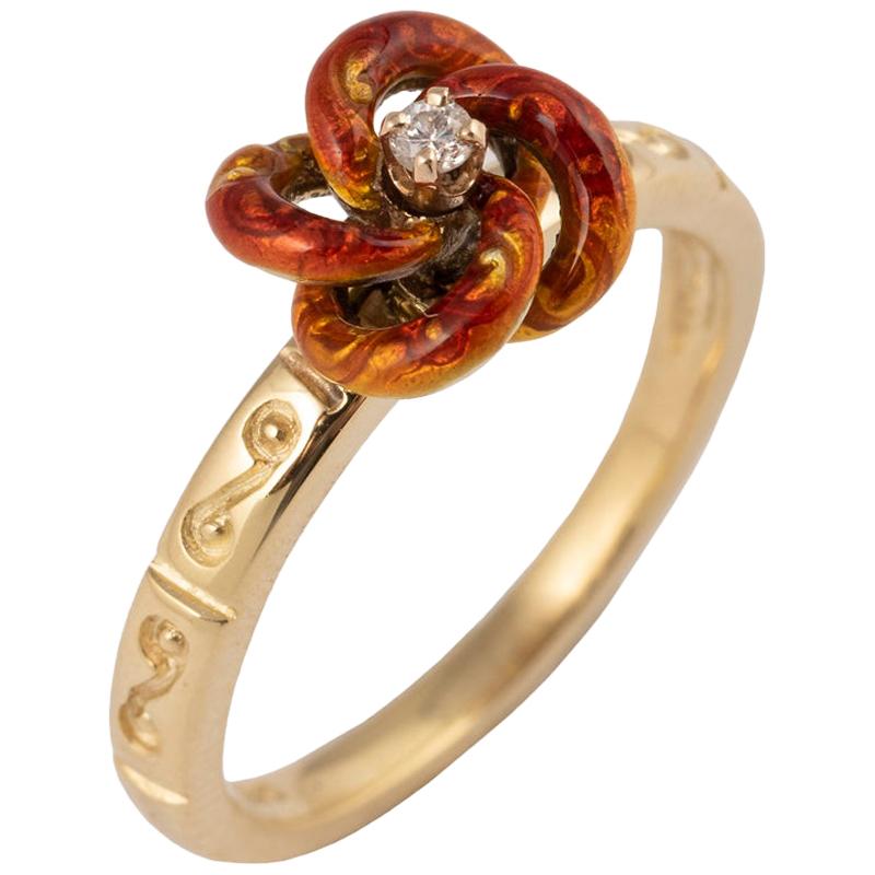 Red Enameled Diamond 18k Gold Lover's Knot Ring